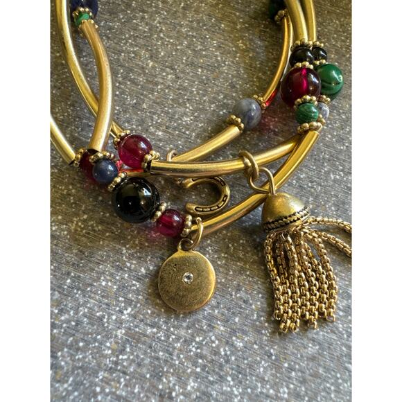 Three Strand Stretch Bracelets, Blue Green Red Beads Horseshoe Rhinestone Dangle - Picture 4 of 4